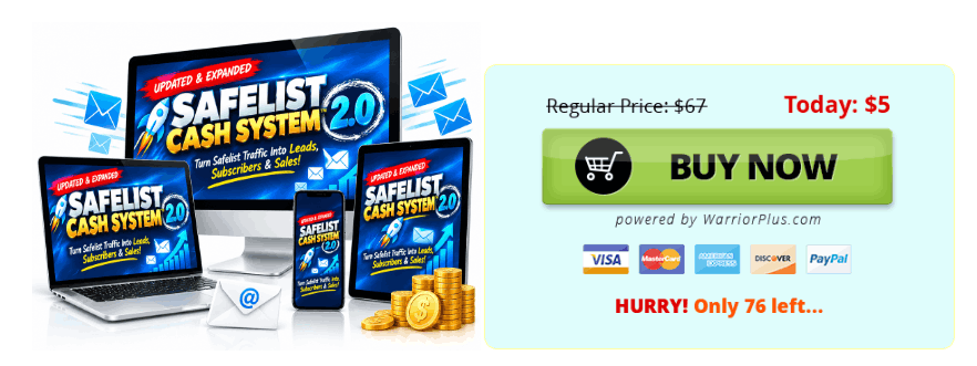 Safelist Cash System 2.0 price comparison showing the regular price of $67 and the special offer price of $5.